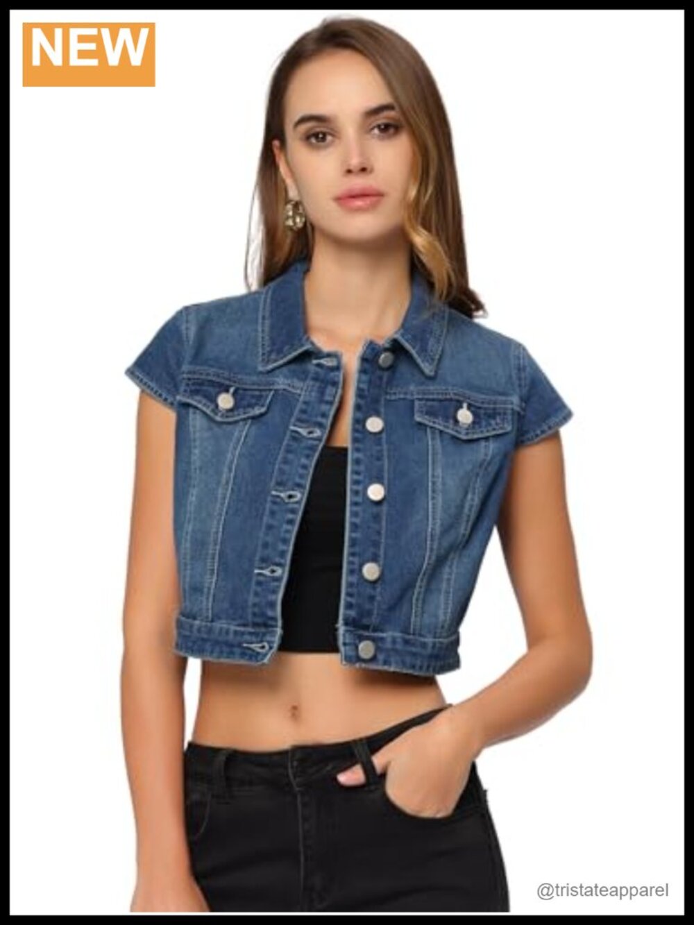 Cropped Denim Jacket Cap Sleeve Button Down Summer Jean Top